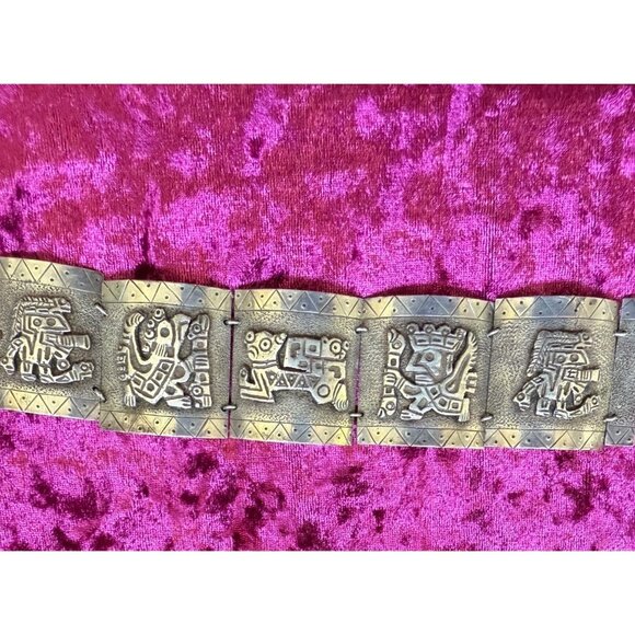 Vintage 900 Silver Peruvian Tribal Panel Bracelet With Engraved God Motifs 7" - Picture 1 of 9